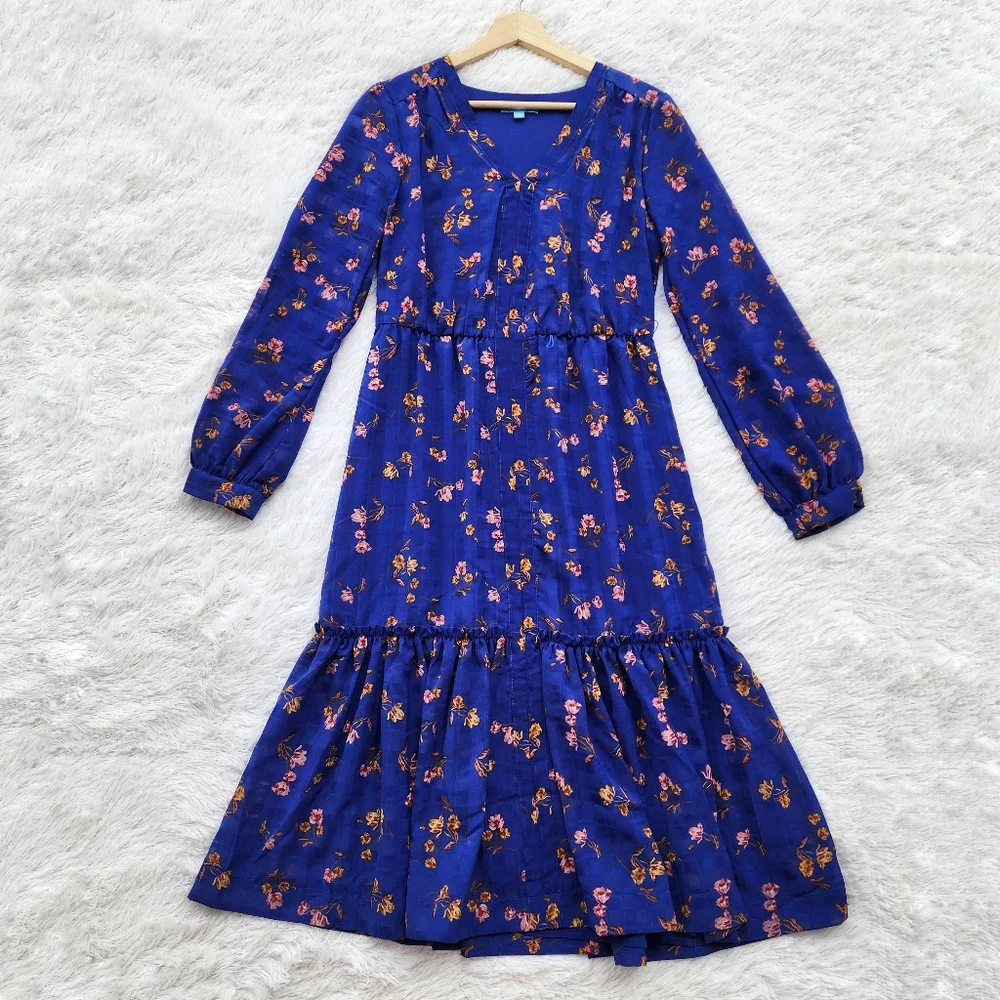 Draper James RSVP Blue Floral Long Sleeve Midi Dress - Picture 2 of 9